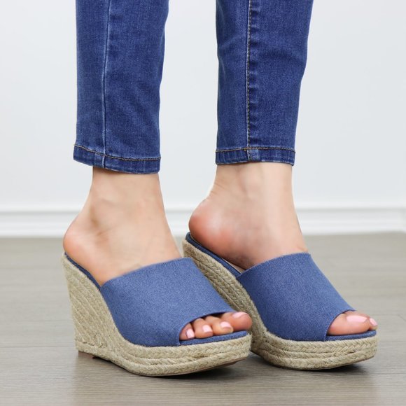 Blue Denim Slip On Espadrille Wedge Sandals - Picture 2 of 9